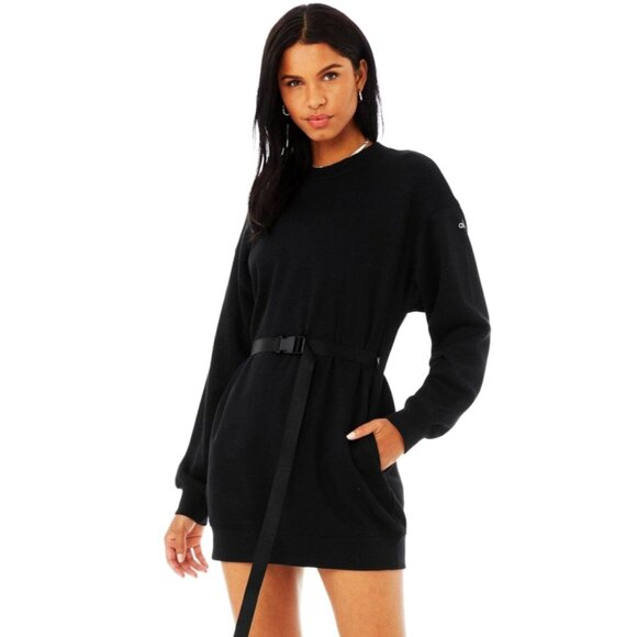 Alo Cityscape Sweatshirt Dress Black Belted Belt Edgy Long Sleeve Sweater Mini - Picture 3 of 15